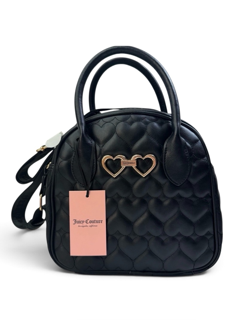 NEW Juicy Couture Black Quilted Heart Dome Satchel with Gold Double-Heart Accent